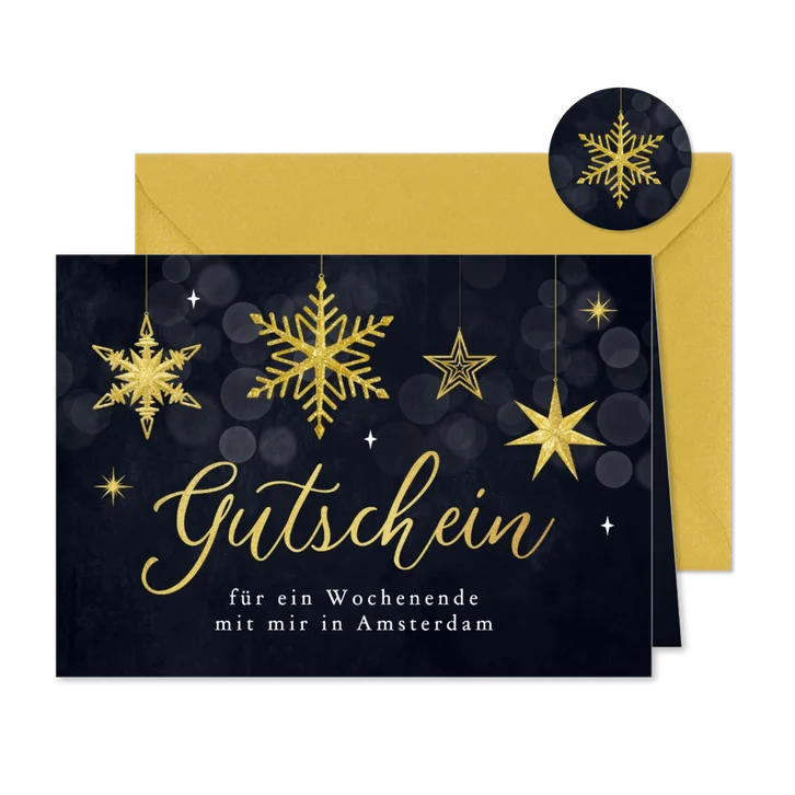 Gutschein Weihnachtskarte Sterne Schneekristalle gold 