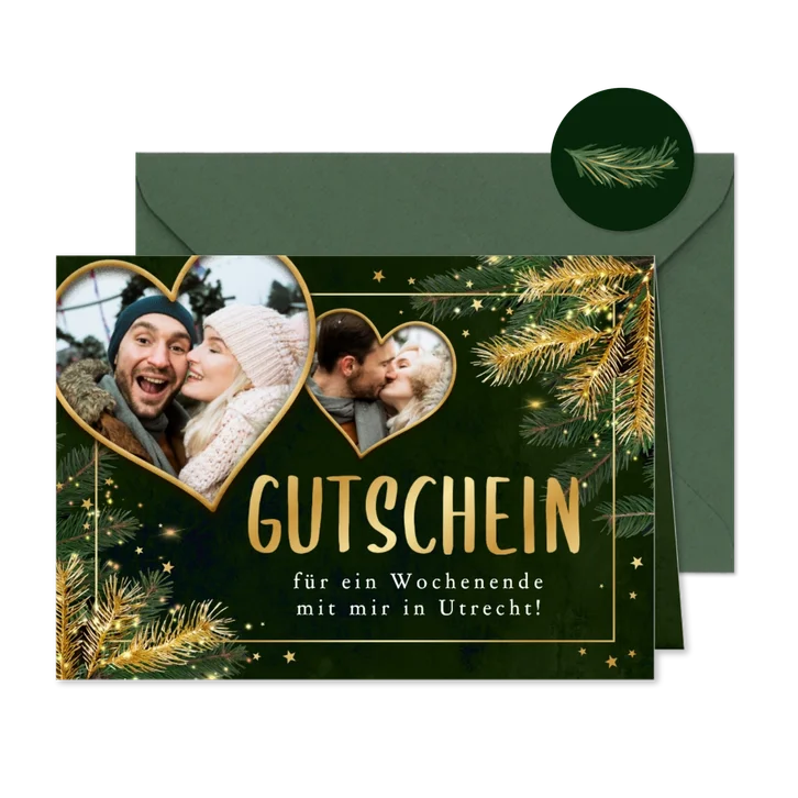 Gutscheinkarte Fotocollage Weihnachten Herzen Tannenzweige