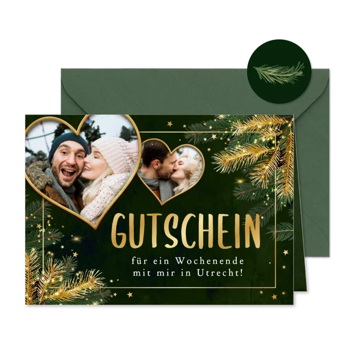Gutscheinkarte Fotocollage Weihnachten Herzen Tannenzweige 