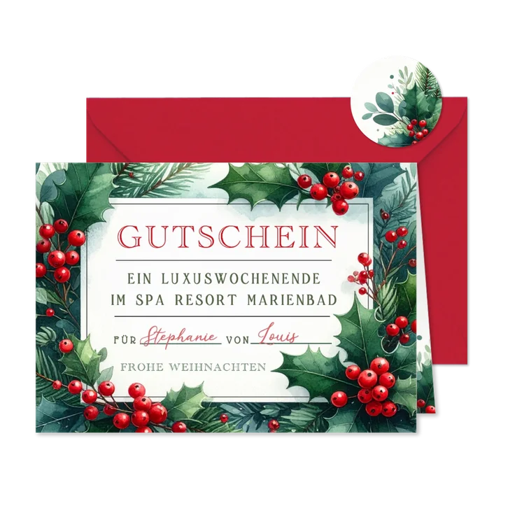 Gutscheinkarte Weihnachten botanisch Ilex Aquarell