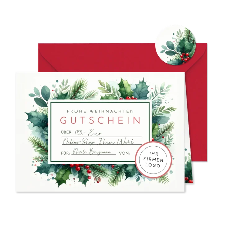 Gutscheinkarte Weihnachten Mistelzweige Ilex mit Logo