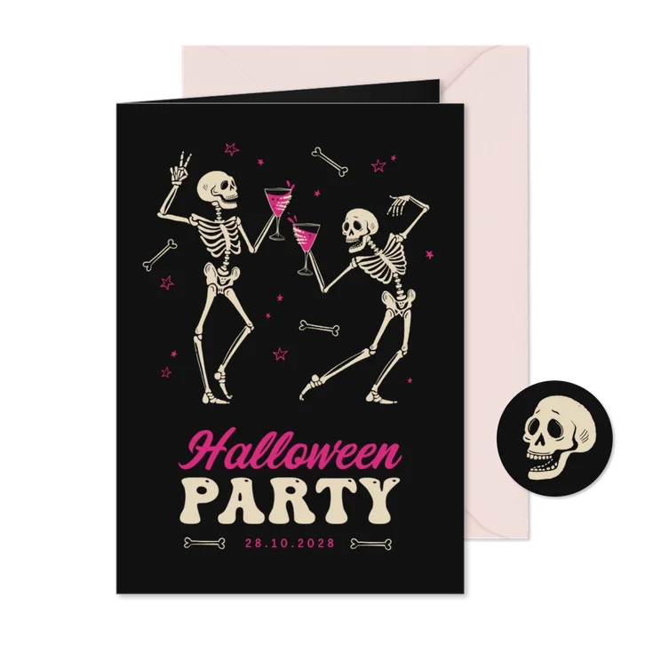 Halloween-Einladung Skelette mit Cocktail