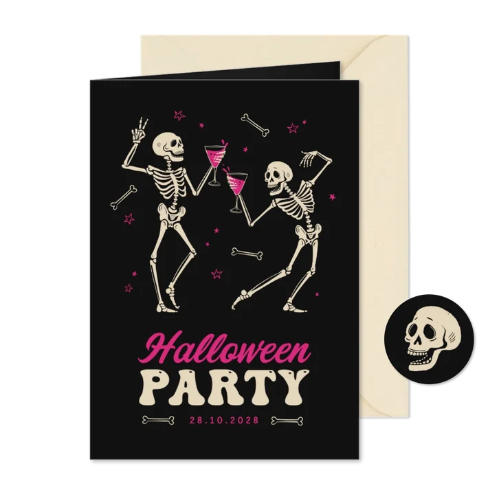 Halloween-Einladung Skelette mit Cocktail