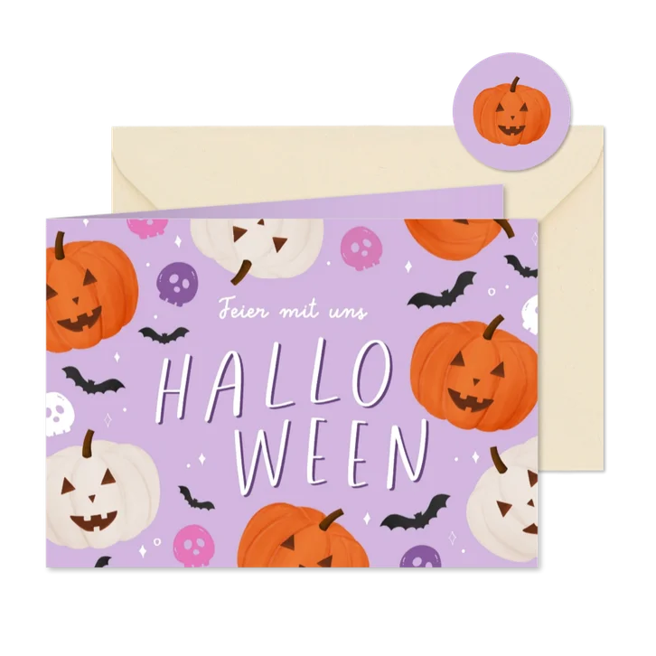 Halloween-Einladungskarte Lila Kürbisse und Fledermäuse