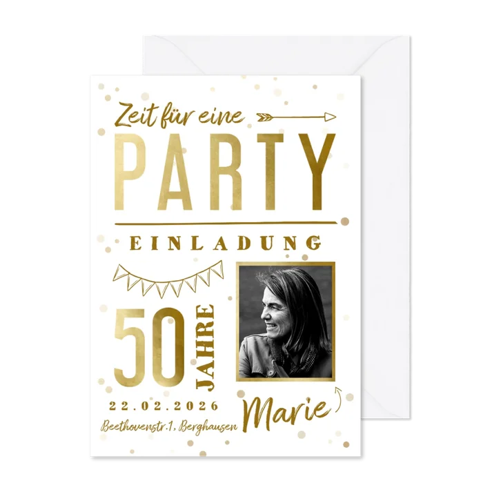 Hippe Einladungskarte 50. Geburtstag mit Foto & Typografie