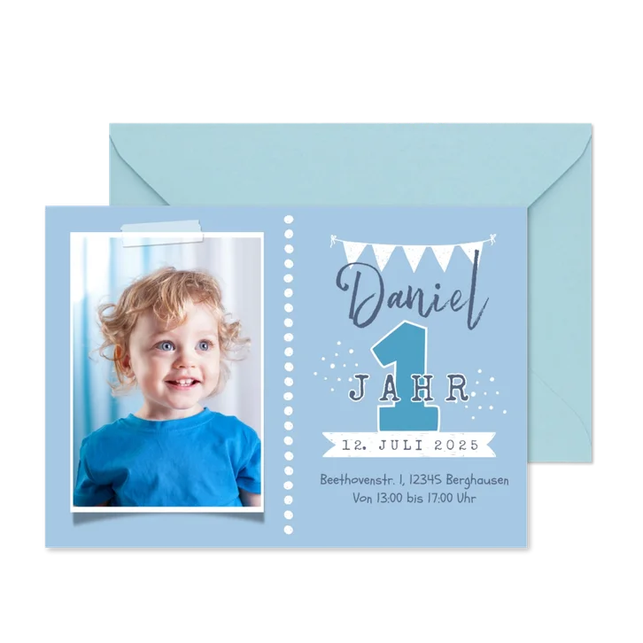 Hippe Einladungskarte zum 1. Kindergeburtstag mit Foto