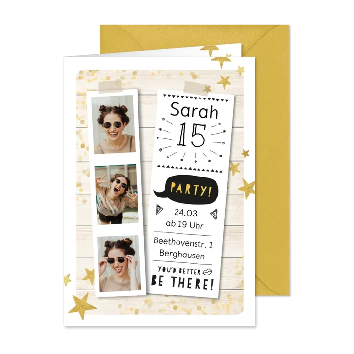 Hippe Party Einladung im Holzlook zum 15. Geburtstag
