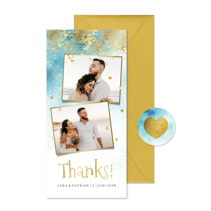 Hochzeit Dankeskarte Beachlook mit Fotos & Gold