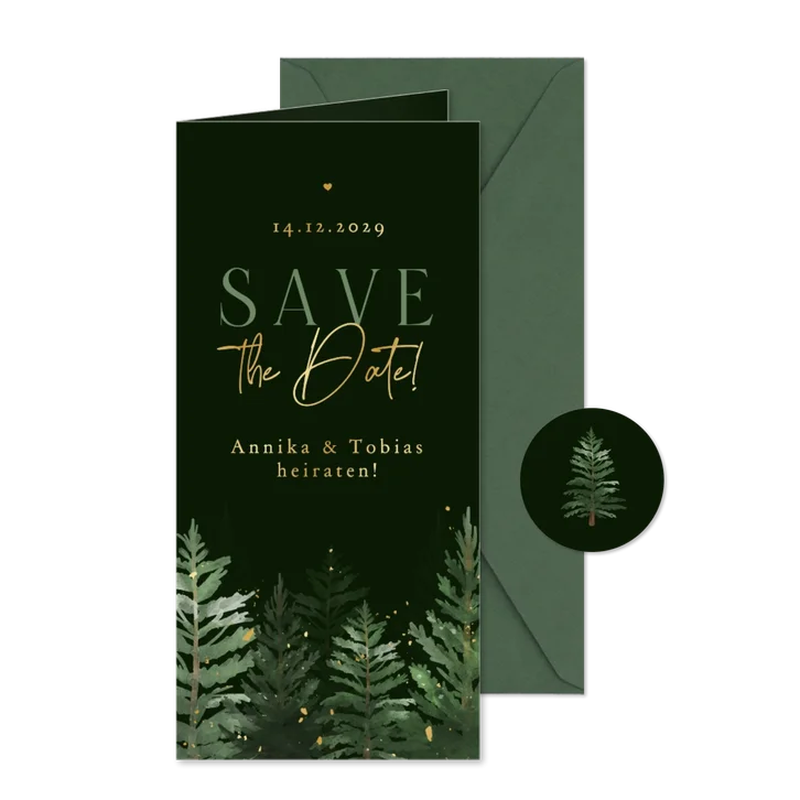 Hochzeit Save-the-Date Karte dunkle Tannenbäume