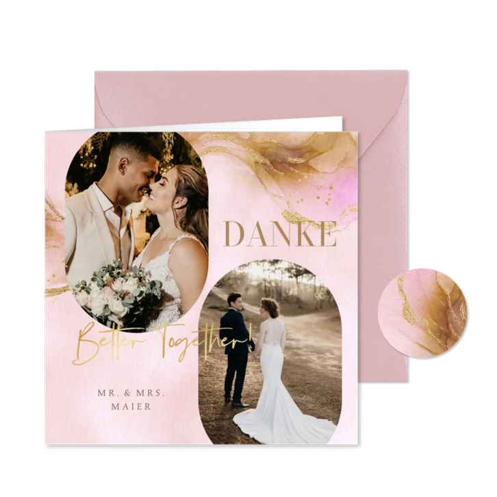 Hochzeits-Dankeskarte Aquarell-Goldlook & Fotos