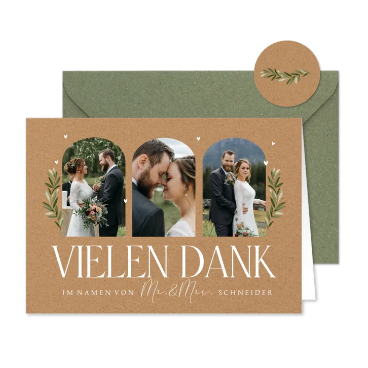 Hochzeits-Dankeskarte Bilderreihe & Zweige auf Kraftpapier