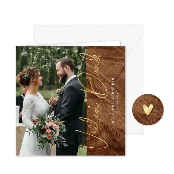 Hochzeits-Dankeskarte Goldschrift auf Holz