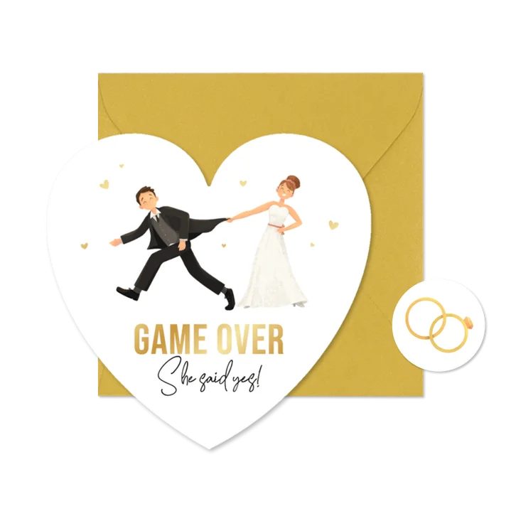 Hochzeitseinaldung Herzkarte Ehepaar 'Game over' mit Gold