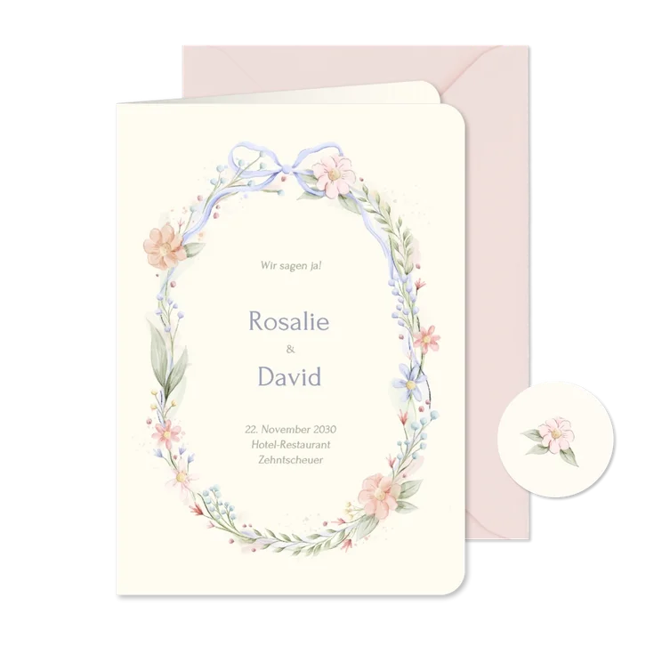 Hochzeitseinladung Blumenkranz mit Schleife Vintage