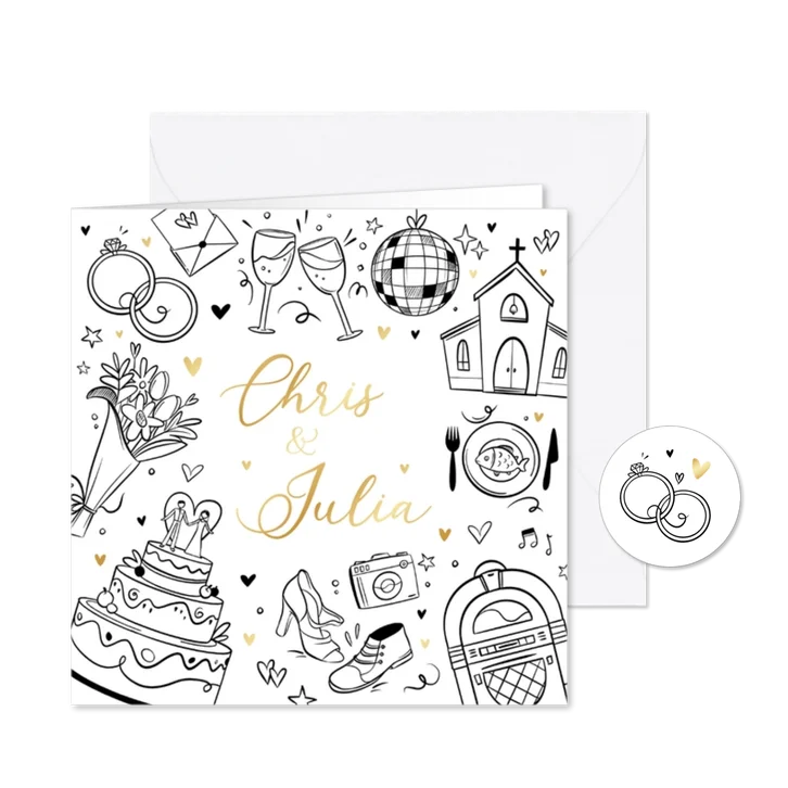 Hochzeitseinladung Doodles Goldelemente