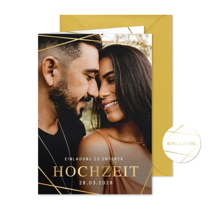 Hochzeitseinladung Foto Linienspiel gold
