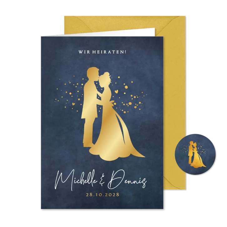Hochzeitseinladung Goldlook Brautpaar Scherenschnitt