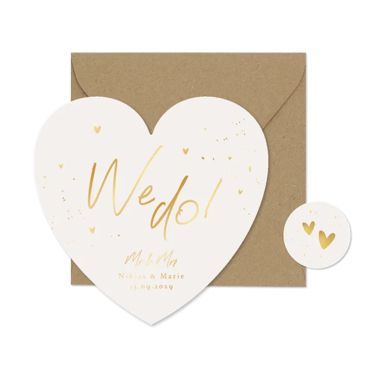 Hochzeitseinladung Herzform 'We do!' Goldschrift