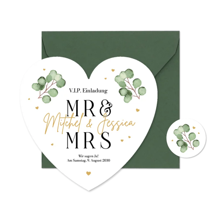 Hochzeitseinladung Herzkarte Eukalyptuszweige Aquarell
