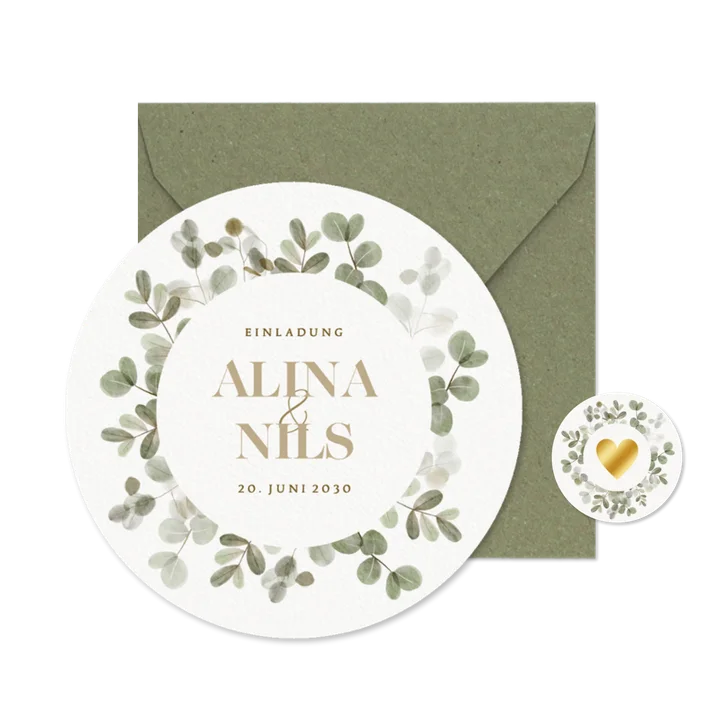 Hochzeitseinladung runde Karte Auqarell Eukalyptuskranz