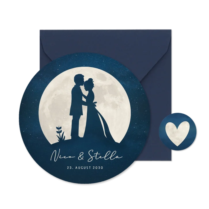 Hochzeitseinladung runde Karte Vollmond Silhouetten Ehepaar