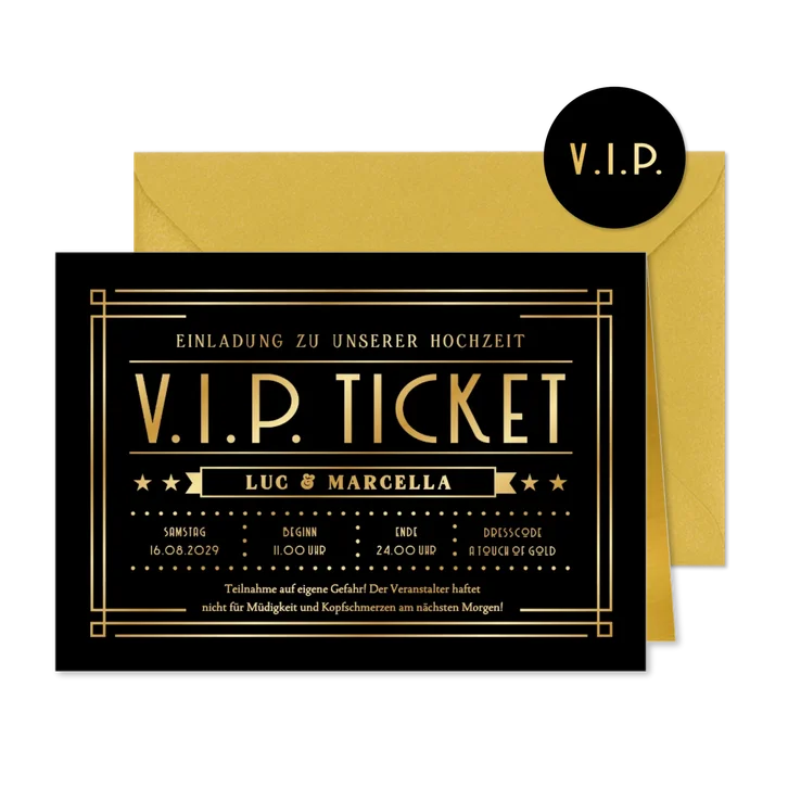 Hochzeitseinladung schwarz-gold Artdeco VIP-Ticket