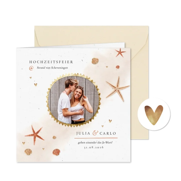 Hochzeitseinladung Strandlook mit eigenem Foto & Seesternen