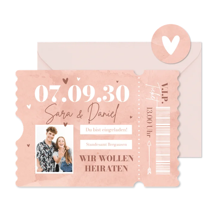 Hochzeitseinladung Ticket rosa Aquarell VIP Foto