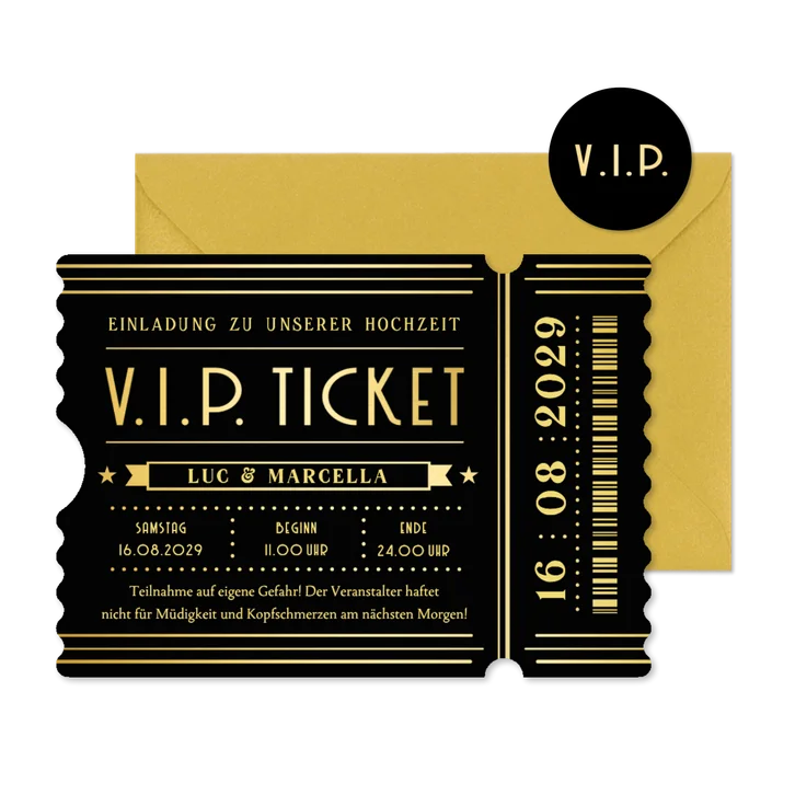 Hochzeitseinladung Ticketform schwarz-gold Artdeco 