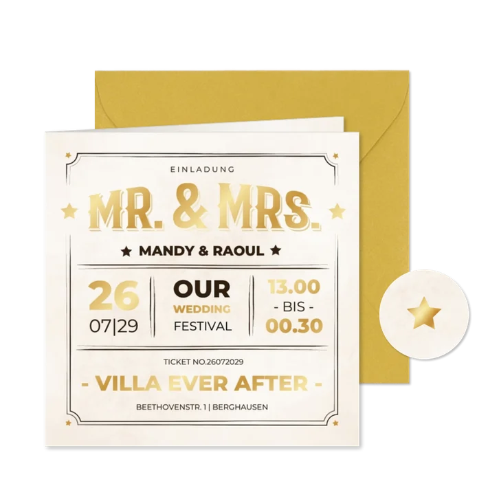 Hochzeitseinladung Vintage-Ticket goldene Sterne