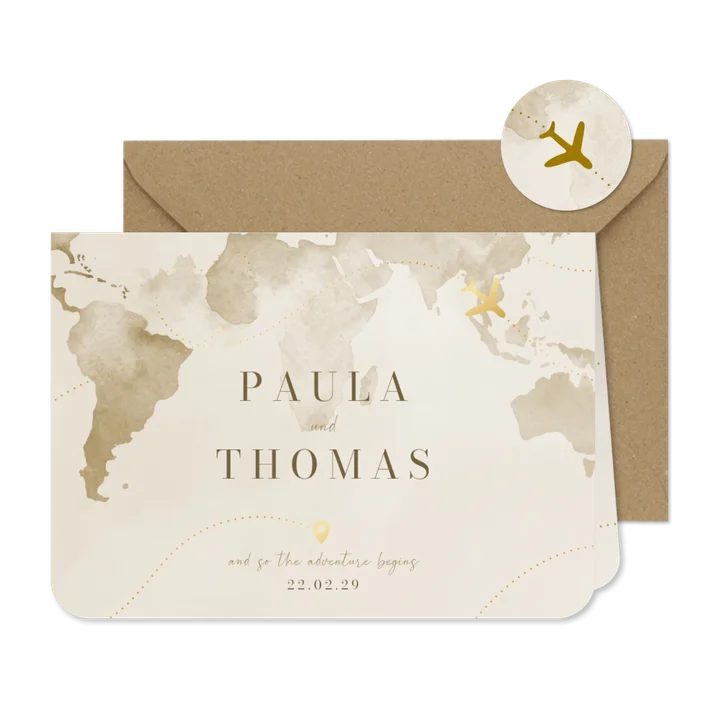 Hochzeitseinladung Weltkarte & Flugzeug Gold