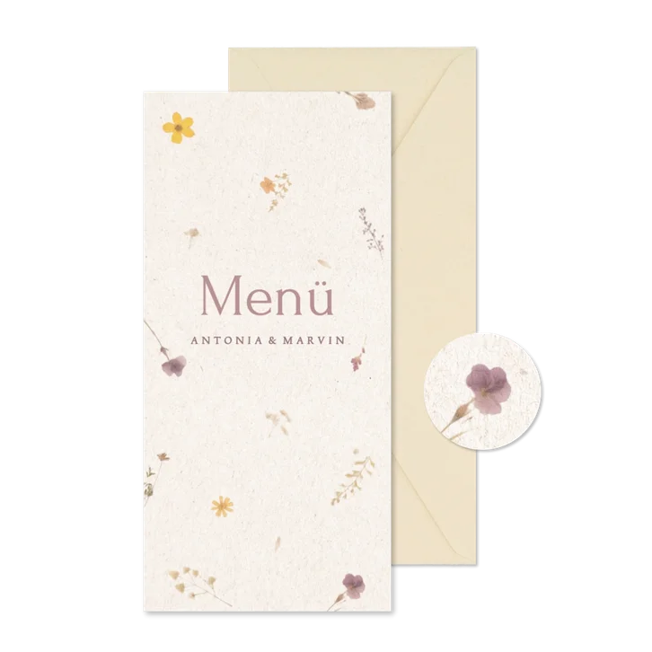 Hochzeitsfeier Menükarte Papier mit gepressten Blumen
