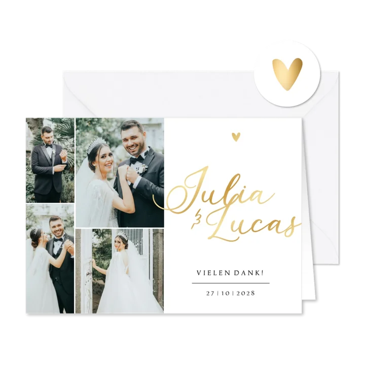 Hochzeitskarte Danksagung Fotos Namen in Gold