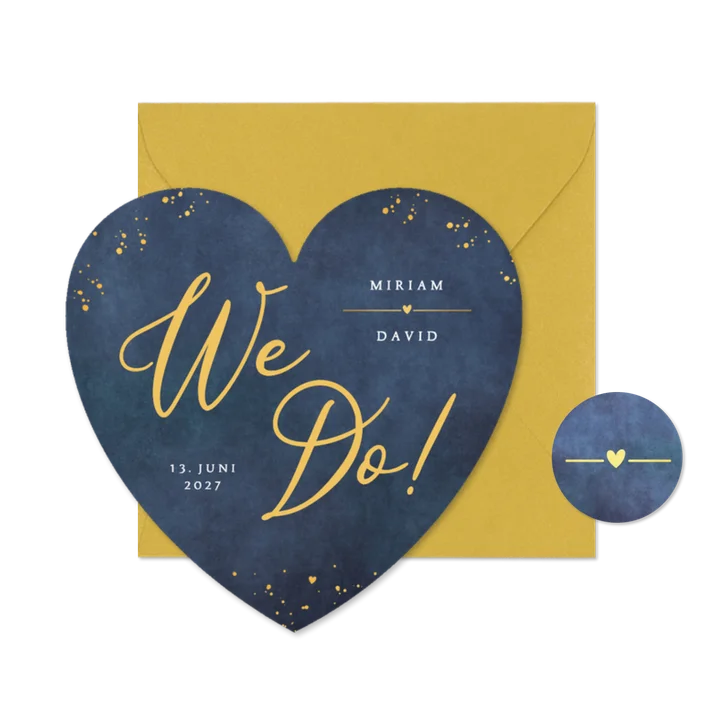Hochzeitskarte Herzform 'We do!' Blau mit Gold