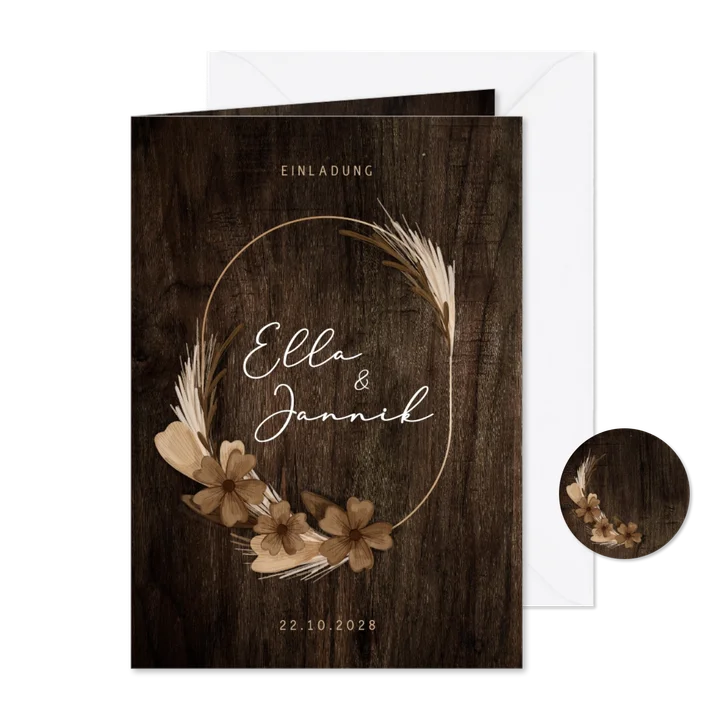 Hochzeitskarte Holz mit Trockenblumen