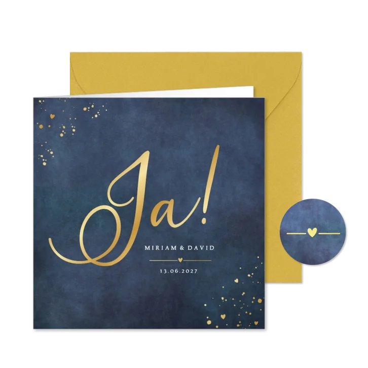Hochzeitskarte 'Ja!' Blau mit Gold