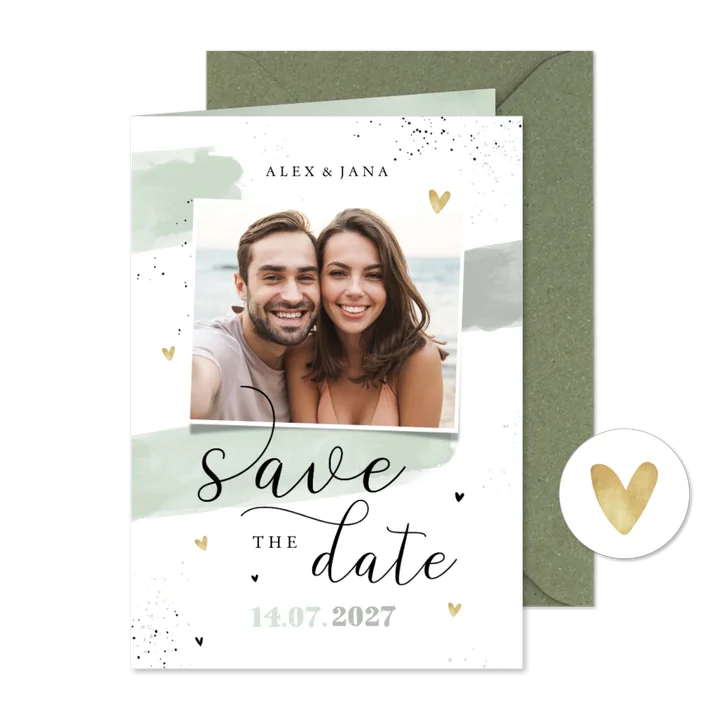 Hochzeitskarte Save-the-Date Foto Aquarell & Typografie