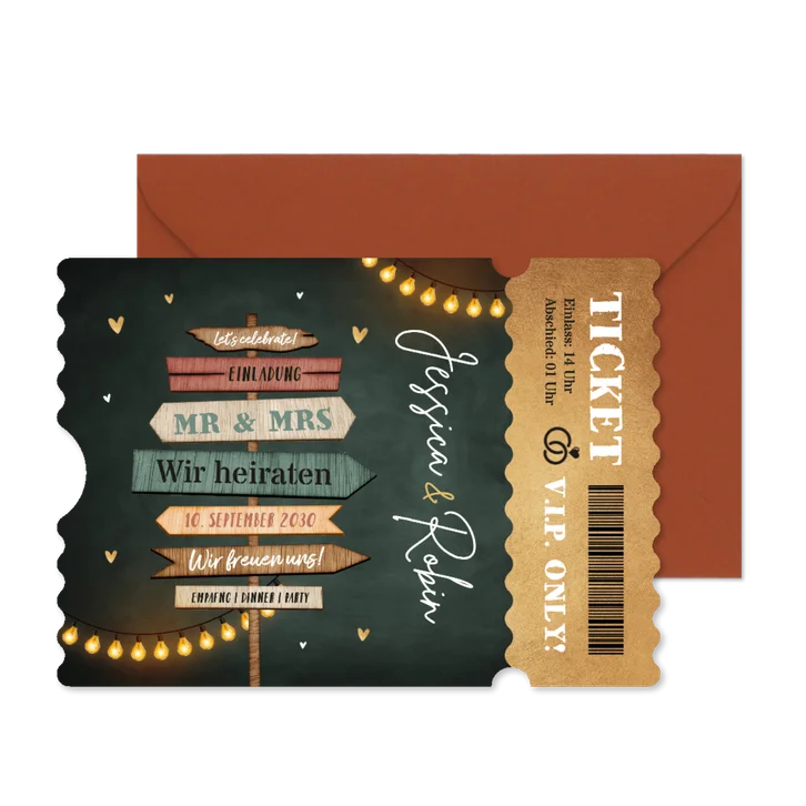 Hochzeitskarte Ticket Wegweiser
