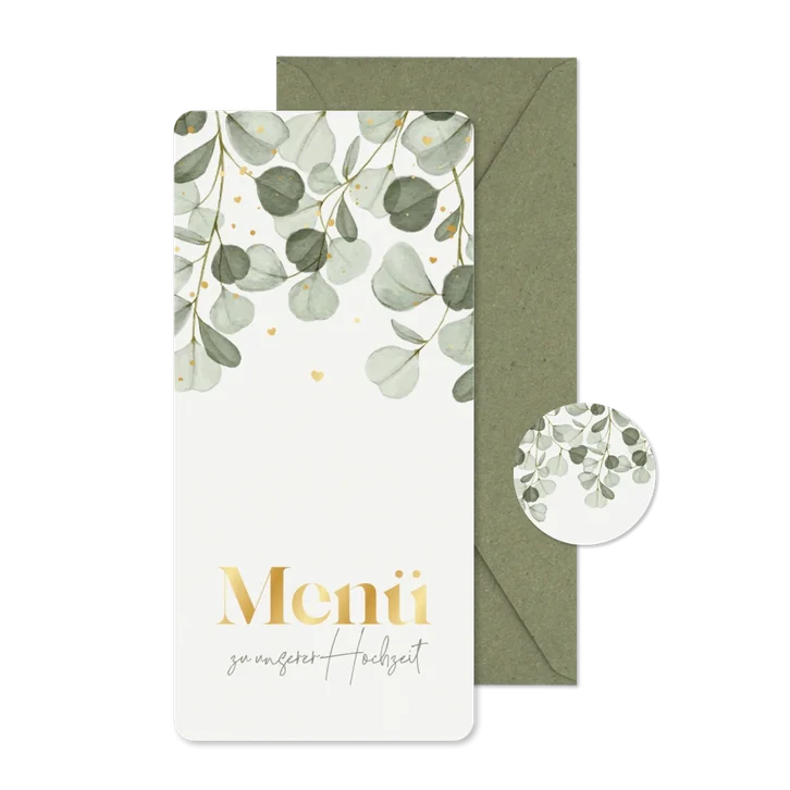 Hochzeitsmenü Eukalyptuszweige & Gold