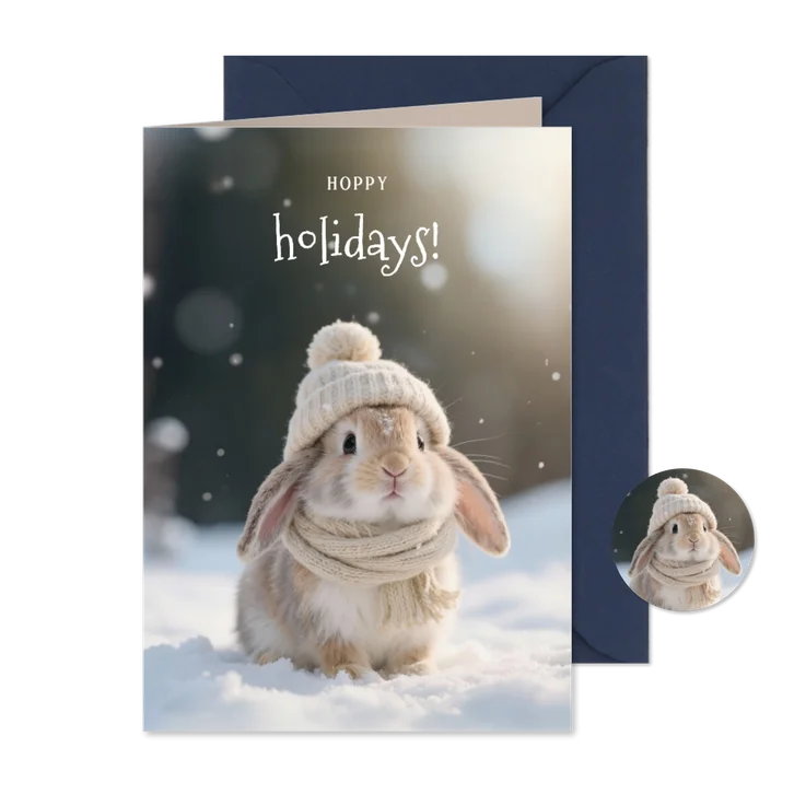 'Hoppy Holidays' Weihnachtskarte Kaninchen Schal Mütze