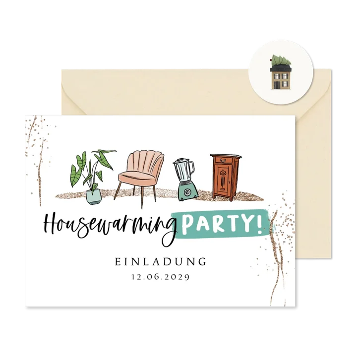 Housewarming-Party Einladung Möbel & Pflanze