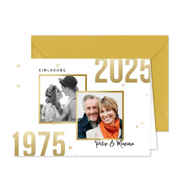 Jubiläumskarte Goldene Hochzeit mit Fotos & Herzen
