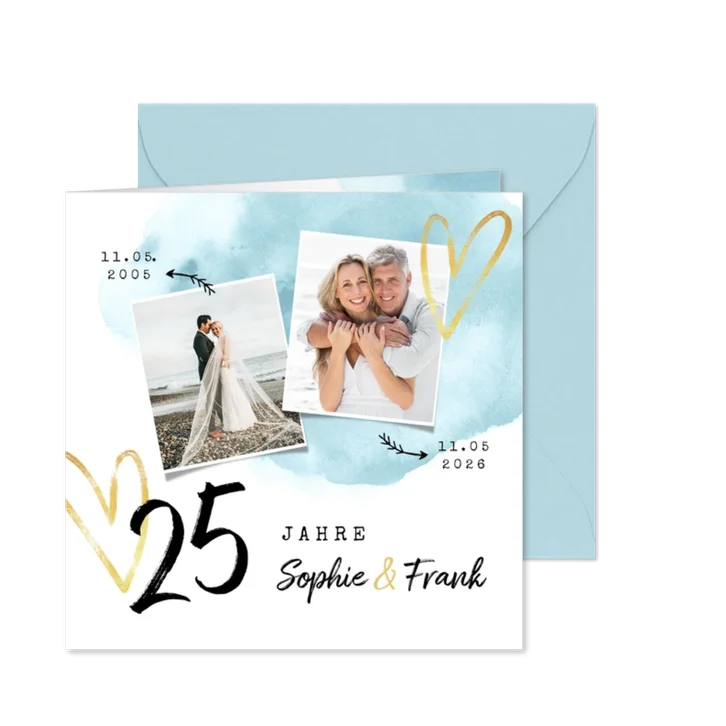 Jubiläumskarte Silberhochzeit Aquarell mit Herzen und Fotos