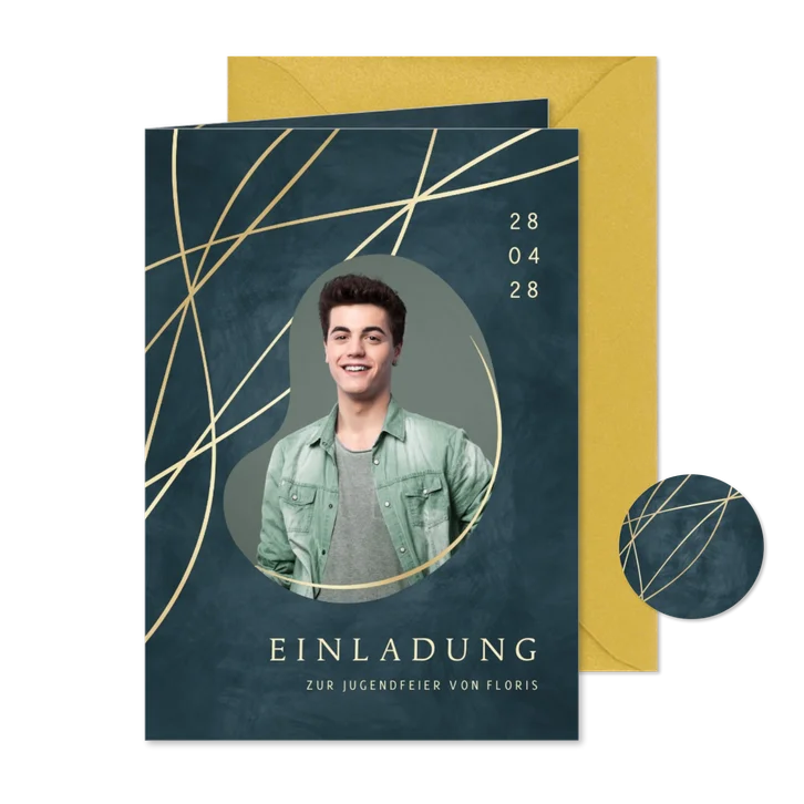 Jugendfeier Einladungskarte blau Foto & organische Linien