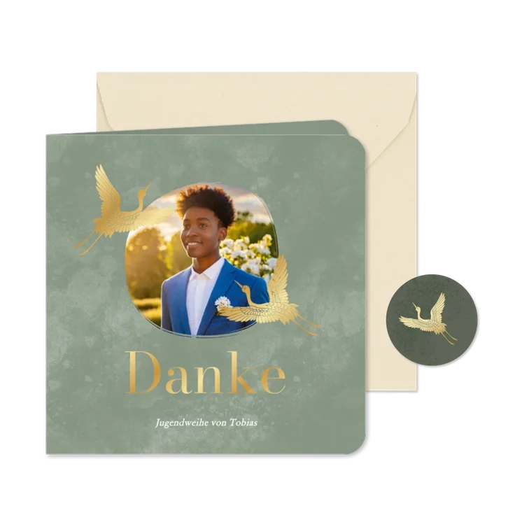 Jugendweihe Dankeskarte grün Kranich in Gold