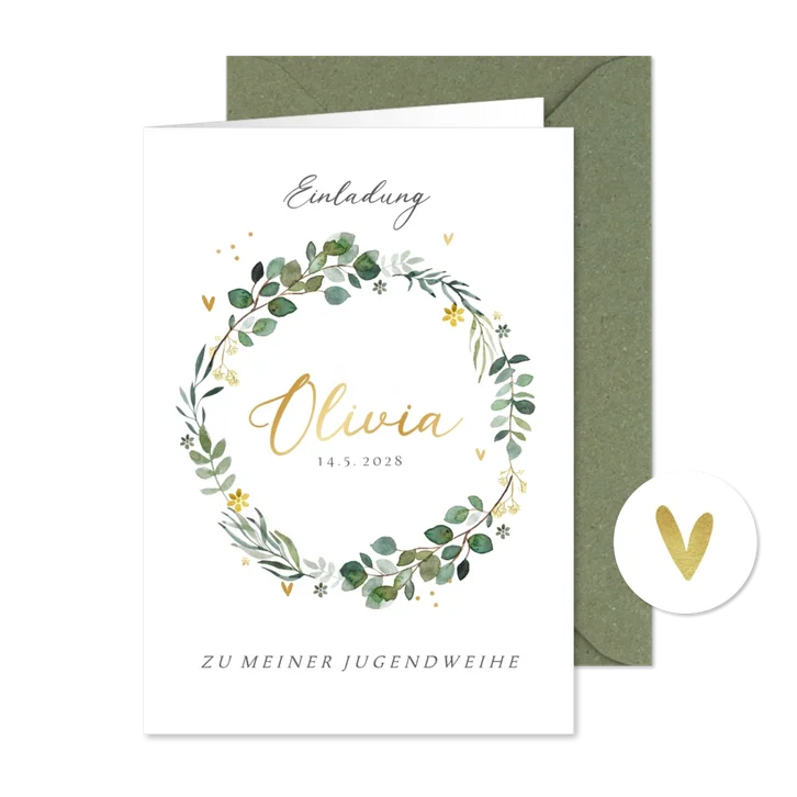 Jugendweihe Einladung Blätterkranz Aquarell & Gold