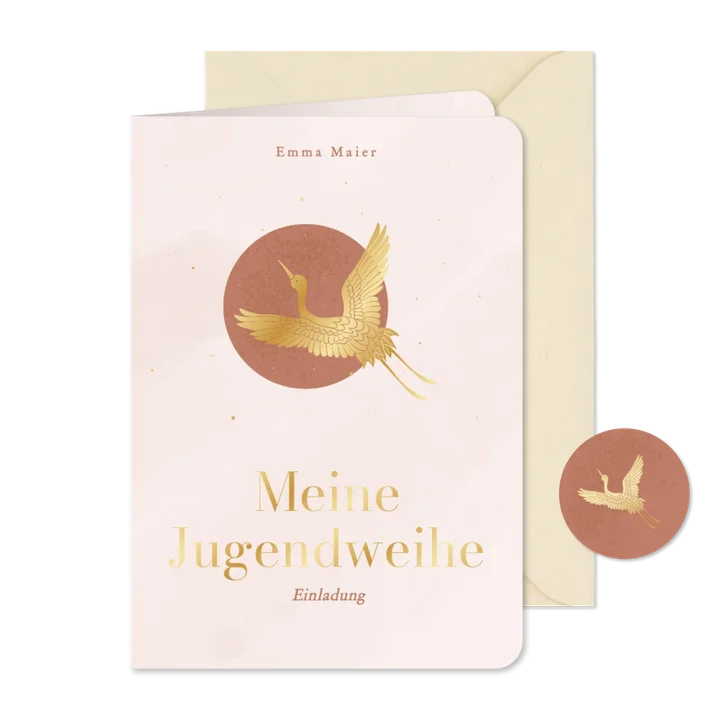 Jugendweihe Einladung rosa Kranich in Gold