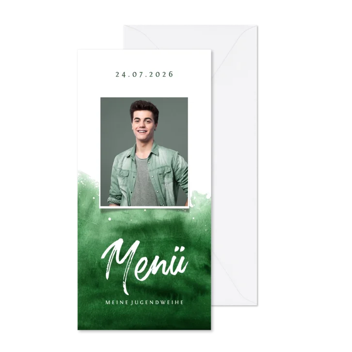 Jugendweihe Menükarte Foto Aquarell grün