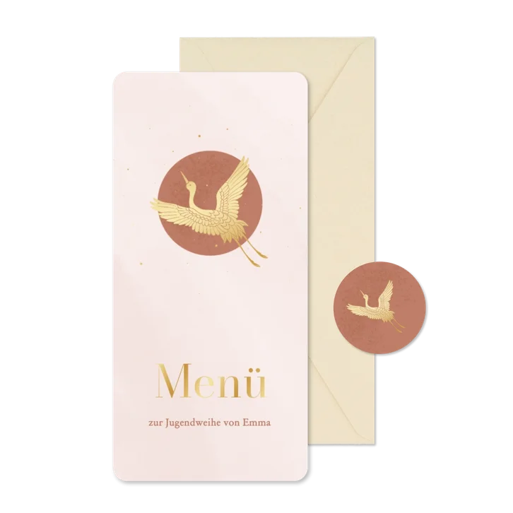 Jugendweihe Menükarte rosa Kranich in Gold