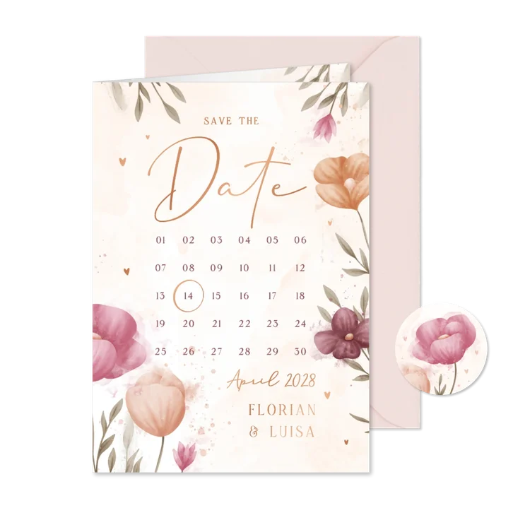 Kalenderkarte Save-the-Date elegante Blumen Aquarell